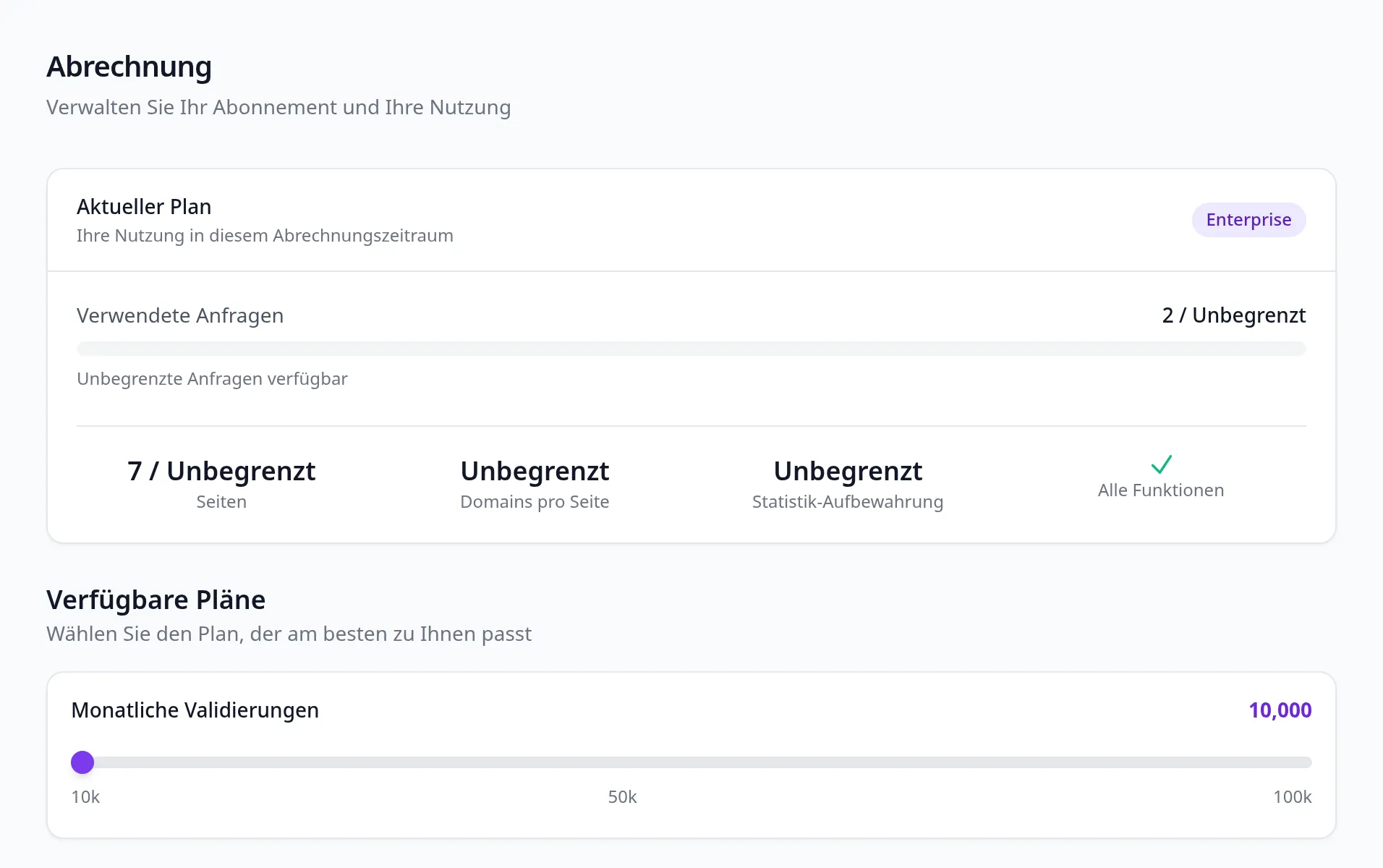 Die Abrechnungsseite: aktueller Tarif, verbrauchte Anfragen im laufenden Zeitraum, die Grenzen für Seiten, Domains und Aufbewahrung, darunter der Regler für das Monatsvolumen von 10.000 bis 100.000.