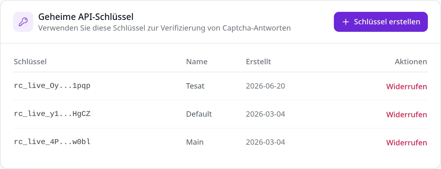 Die Liste der geheimen Schlüssel: je Zeile ein bis auf Anfang und Ende verdeckter Schlüssel, ein selbst vergebener Name, das Erstelldatum und ein Knopf zum Widerrufen.