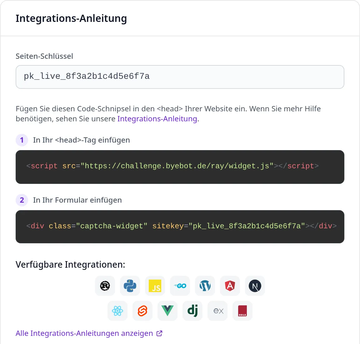 Die Einbau-Anleitung im Dashboard: der Seitenschlüssel zum Kopieren, darunter zwei Codeblöcke für die Skriptzeile und das Widget-Element, dann dreizehn Plattformlogos und ein Verweis auf die Anleitungen.