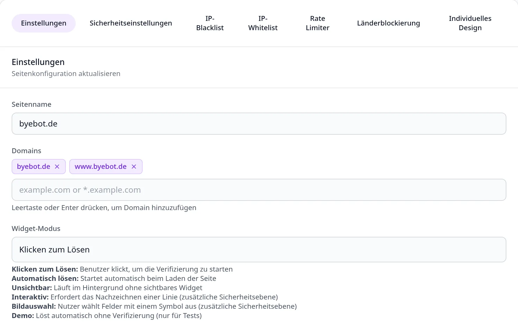 Reiter Einstellungen: Seitenname, die erlaubten Domains als Marken und die Auswahl des Widget-Modus, darunter alle sechs Modi mit je einer Zeile Erklärung, von Klicken zum Lösen bis Demo.