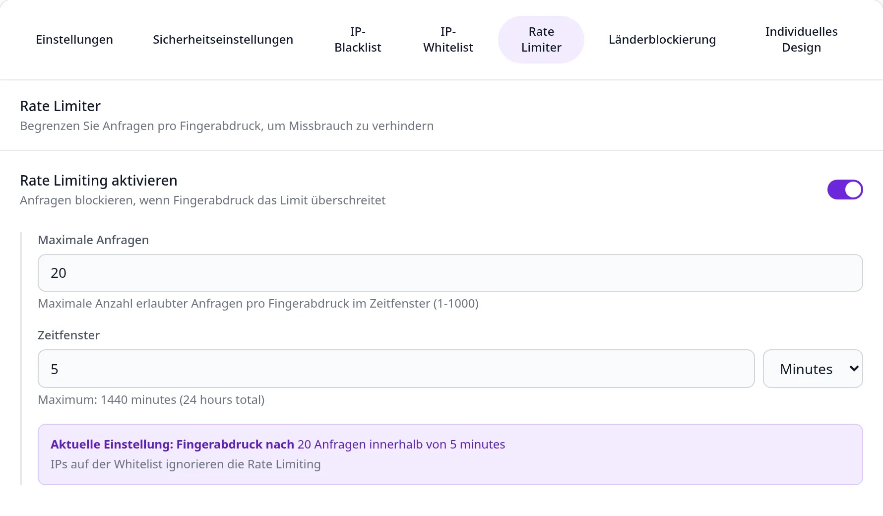 Reiter Rate Limiter: ein Schalter, ein Feld für die höchste Zahl an Anfragen, ein Feld für das Zeitfenster mit Einheitenwahl und eine Zeile, die die gewählte Einstellung als Satz wiedergibt.