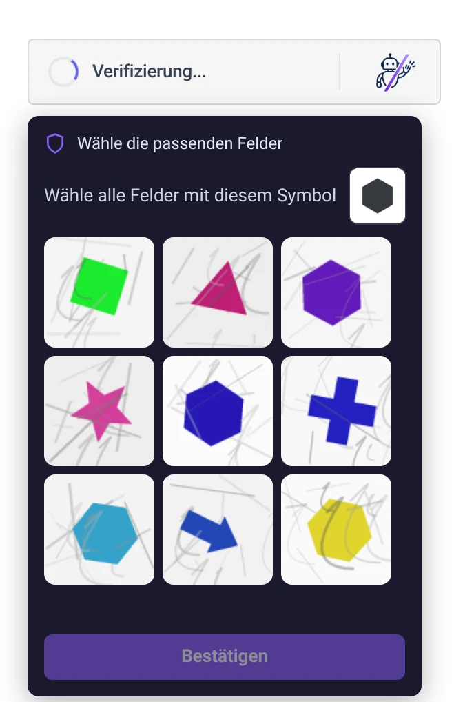Die Bildauswahl: ein dunkles Feld mit der Aufforderung „Wähle alle Felder mit diesem Symbol", daneben ein Quadrat als Vorgabe, darunter ein Raster aus neun Feldern mit gezeichneten Formen und ein Knopf „Bestätigen".