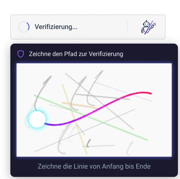 Die interaktive Aufgabe: ein dunkles Feld mit der Überschrift „Zeichne den Pfad zur Verifizierung", darin eine farbige Kurve von einem weißen Punkt aus, umgeben von grauen Ablenkungslinien.