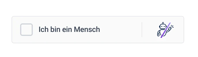 Das ByeBot-Widget im Ruhezustand: ein leeres Kästchen, daneben der Text „Ich bin ein Mensch" und rechts das ByeBot-Zeichen.